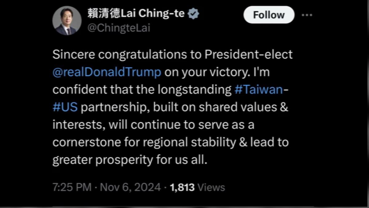 Lai Ching-te congratulates Trump on election victory (Screengrab from X) Lai Ching-te congratulates Trump on election victory