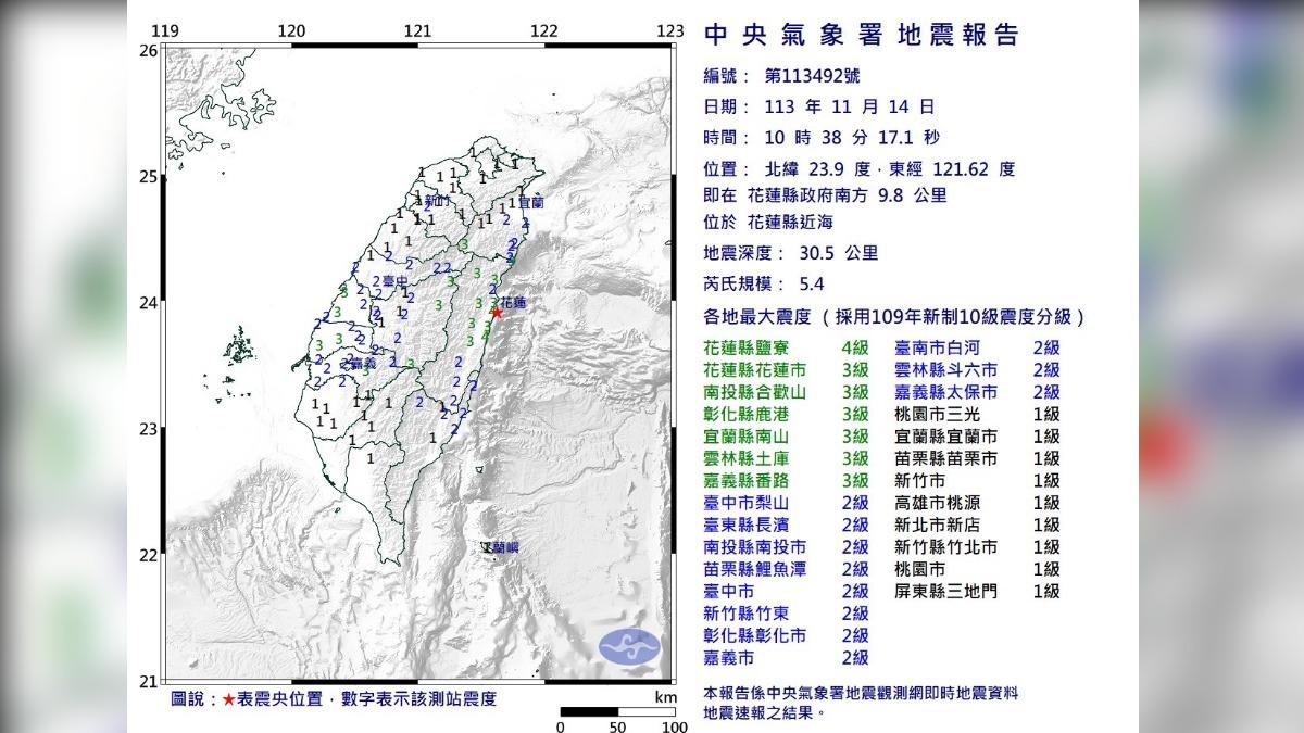 Aftershocks continue in Hualien region (Courtesy of the CWA) Aftershocks continue in Hualien, CWA warns of more tremors