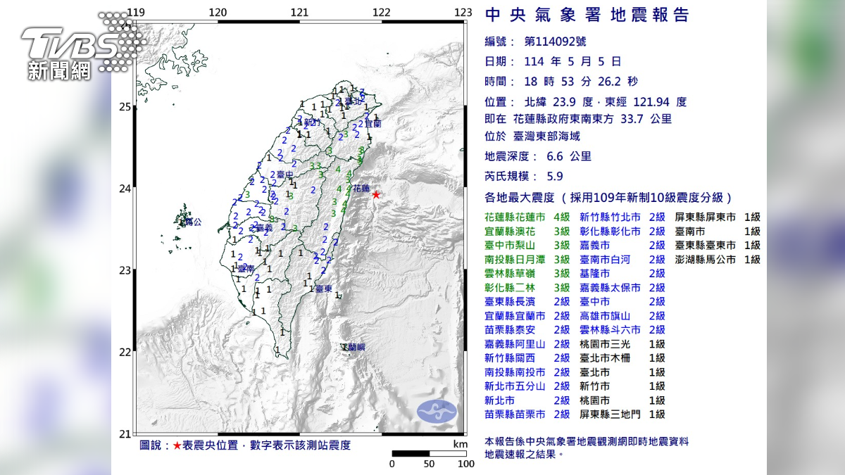 Central Weather Bureau monitors quake aftermath (cOURTESY OF cwb) 5.9 magnitude earthquake rattles Taiwan’s east coast